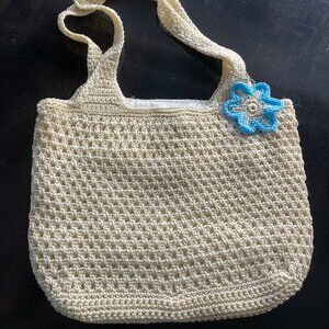 Beige Lined Crochet purse with flower